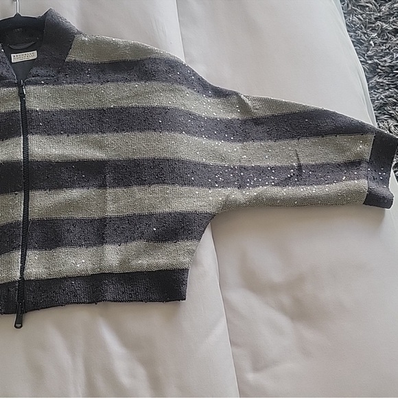 Brunello Cucinelli Black and Gray Striped Bomber Jacket Medium - Picture 6 of 14